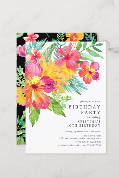 Watercolor Hibiscus Floral Tropical Birthday Party Invitation #birthday #happybirthday #birthdaycards #birthdayparty #firstbirthday #tropical #summer #floral #Hibiscus #hawaii Hibiscus Hawaii, Birthday 12, Tropical Birthday Party, Floral Birthday Invitations, Invite Ideas, Tropical Birthday, Theme Birthday Party, Tropical Summer, Tropical Theme