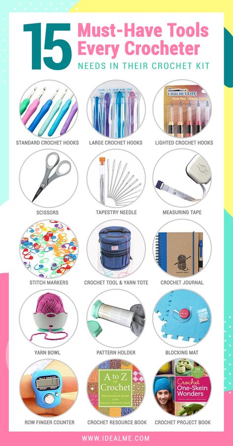 Here's 15 Must Have Tools Every Crocheter Needs. We’ve compiled a list of all the must-have tools that every crocheter should have in their crochet kit. See what crochet tools you need to add to your kit now. #idealme #15musthaves #crochetlove Large Crochet Hooks, Crochet Classes, Crochet Hack, Beginner Crochet Tutorial, Crochet Tools, Crochet Supplies, Crochet Business, Crochet Stitches For Beginners, Crochet Stitches Tutorial