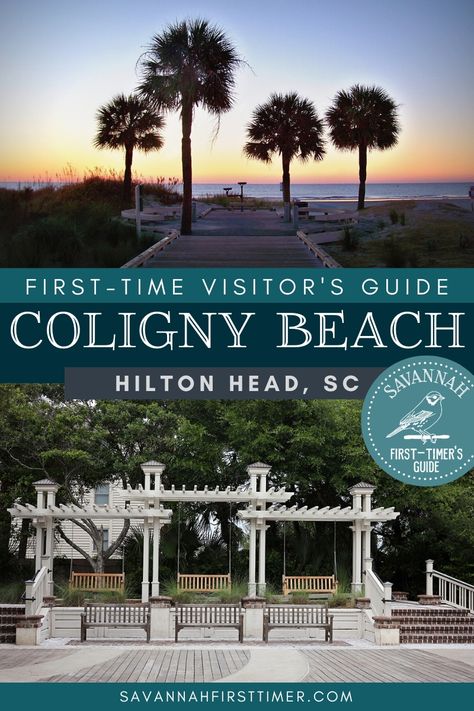 Pinnable graphic showing a photo of four palmetto trees silhouetted against a sunset and another photo of a covered pavilion with 3 swings. Text overlay reads "First-Time Visitor's Guide to Coligny Beach, Hilton Head Island" Hilton Head In The Fall, Coligny Beach Hilton Head Island, Hilton Head Restaurants, Hilton Head Island Things To Do, Hilton Head Island South Carolina Beach, Hilton Head Island Restaurants, Georgia Beaches, Hilton Head Beach, Hilton Head South Carolina