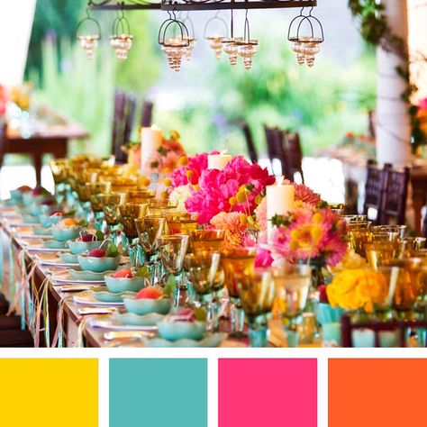 Color scheme: Canary Yellow, Teal, Fuchsia, Marigold Choosing Wedding Colors, Wedding Color Combinations, Photo Arts, Boda Mexicana, Whimsical Wedding, Deco Floral, Pretty Wedding, Wedding Color Schemes, Wedding Themes