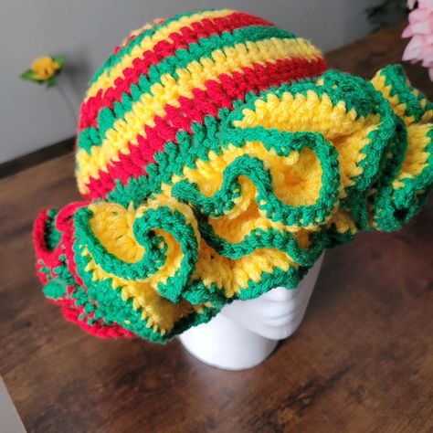 #Rasta #colors #crochet #ruffle #hat #red #green #yellow with color accents on brim Yellow And White Crochet, Green Crochet Hat, Crochet Loom, Crochet Ruffle Hat, Ruffle Hat, Yellow Crochet, Rasta Colors, Red Black Green, Crochet Ruffle