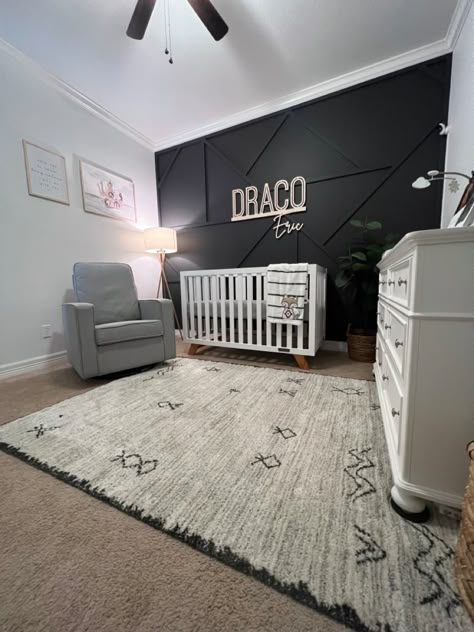 Grey Nursery Accent Wall, Dark Grey Accent Wall Nursery, Black And Grey Nursery, Edgy Nursery, Black Accent Wall Nursery Boy, Black Accent Wall Nursery, Black And Gray Nursery, Black Wall Nursery, Nursery Ideas Grey