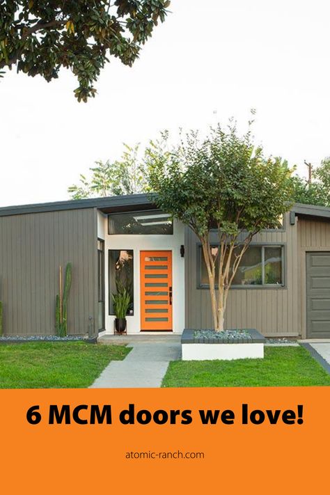 Take your curb appeal up a notch with these Mid Century Modern front door options. See more at atomic-ranch.com Mcm Front Door Ideas, Mid Mod Front Door, Mid Century Modern Peaked Roof Exterior, Mid Century Modern Exterior Doors, Mid Century Front Door Colors, Mid Century Modern Front Door Colors, Mid Century Modern Exterior Lighting, Mid Century Modern Front Door Entrance, Mid Century Front Doors