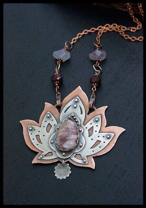 Cabochon Jewelry Ideas, Rivet Jewelry Pendants, Riveting Jewelry Ideas, Riveted Jewelry, Rivet Jewelry, Lotus Flower Necklace, Copper Jewellery, Yoga Necklace, Lotus Jewelry