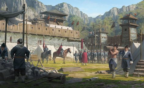 ArtStation - “Han dynasty” Military camp, Nuit Blanche Han Dynasty Architecture, Warhammer Cathay, Korea Map, Chinese Dynasties, Military Camp, Paleolithic Era, Korean Peninsula, Ancient Warfare, Dynasty Warriors