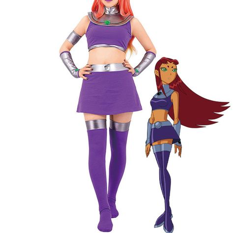 Starfire Teen Titans Costume, Star Fire Costume, Teen Titans Go Halloween Costumes, Starfire Cosplay, Raven Teen Titans Go Costume Halloween, Black Starfire Cosplay, Raven Costume Teen Titans Go, Casual Starfire Cosplay, Star Fire Cosplay