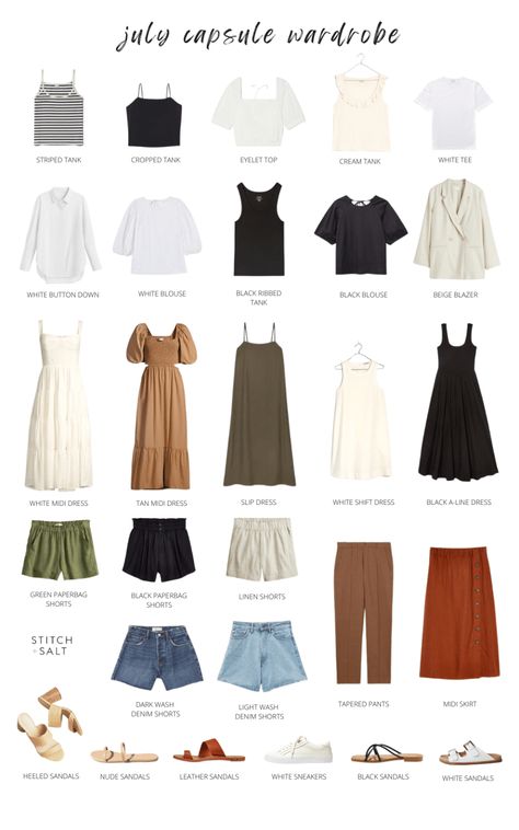 July Capsule Wardrobe - Stitch & Salt Summer Wardrobe 2023, Capsule Wardrobe 2024 Spring, Shopping Fits, Tan Midi Dress, Spring Summer Capsule Wardrobe, Fashion Capsule Wardrobe, Summer Capsule, Winter Capsule Wardrobe, Summer Capsule Wardrobe