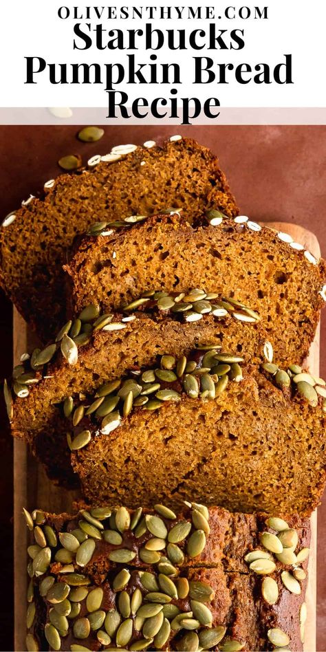 Starbucks pumpkin bread is a tender and moist homemade pumpkin loaf filled with warm spices. This easy, one bowl recipe is the perfect fall treat. Best Healthy Pumpkin Bread, Starbucks Pumpkin Bread Recipe Copycat, Olive Oil Pumpkin Bread, Pumpkin Loaf Starbucks, Pumpkin Bread Recipe Moist, Starbucks Pumpkin Bread Recipe, Pumpkin Loaf Recipe, Thanksgiving Bread Recipes, Pumpkin Breads