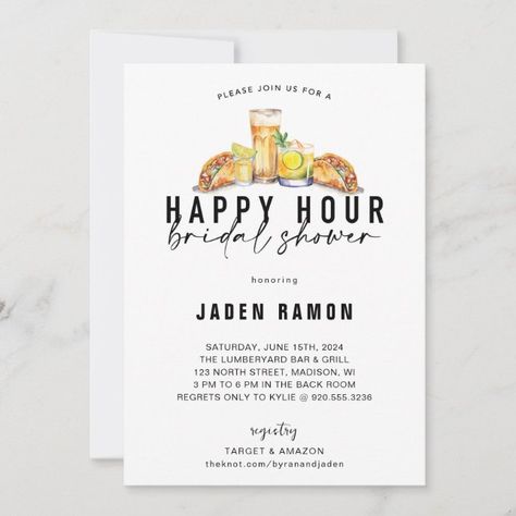 Enjoy your engagement with a Happy Hour Shower Invitation! This fun design showcases watercolor tacos, beers, margaritas and tequila shots, paired with modern black fonts for a hip and modern design. Host a shower that guests are excited to attend. Enter your details to customize the look.  Design showcases Mexican themed foods and drinks, fiesta style, and is set up for a bridal shower. For other design combinations, visit our shop and collections! Happy Hour Wedding Shower Ideas, Wedding Shower Themes, Foods And Drinks, Tequila Shots, Themed Wedding Invitations, Wedding Shower Invitations, Food Themes, Fun Design, Showcase Design