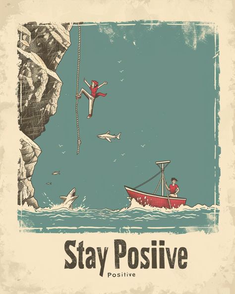 In this vintage-style illustration, a brave adventurer clings to a cliff over shark-infested waters while another person watches from a boat nearby. The message "Stay Positive" reinforces the theme of facing life's challenges with courage and determination. Let this art inspire you to overcome difficulties with optimism and perseverance.
#adventure #challenge #positive #life #courage Adventure Challenge, Goods Design, Life Challenges, Stay Positive, The Message, Positive Life, Staying Positive, Brave, Vintage Style