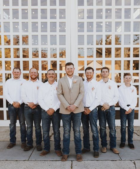 I’m takin’ your last name, cowboy⚡️ #caitlynwellsphoto #westernwedding #westernweddingphotographer #westernphotographer #westernphotography #westernengagement #westernbride #westernweddingmagazine #cowgirlmagazine #rockymtnbride #montanabride #utahweddingphotographer #utahweddings #northernutahphotographer #utahphotographer Groomsmen Attire Fall Wedding Jeans, Groomsmen Jeans And White Shirt, Groomsmen Attire Blue Jeans, Blue Jean Wedding Men Groom Attire, Groomsmen Attire Fall Wedding, Groom Jeans, Groomsmen Jeans, Blue Jean Wedding, Groom In Jeans