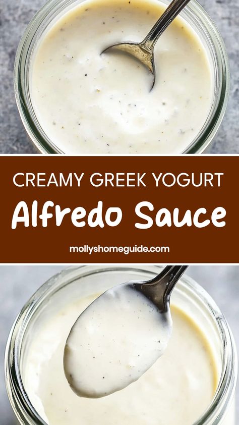 Indulge in a creamy and flavorful pasta dish with this homemade Greek yogurt Alfredo sauce recipe. Made with simple ingredients, this healthier version of Alfredo sauce is rich, tangy, and oh-so-satisfying. The Greek yogurt adds a delicious tanginess while keeping the sauce light and velvety. Whether you pour it over fettuccine, use it as a dip for veggies, or mix it into casseroles, this versatile sauce is sure to become a family favorite. Yogurt Sauce For Potatoes, Alfredo Sauce With Greek Yogurt, Pasta With Greek Yogurt Sauce, Pasta With Yogurt Sauce, Greek Yogurt Sauce Recipes, Yogurt Pasta Sauce, Yogurt Alfredo Sauce, Greek Yogurt Pasta Sauce, Greek Yogurt Alfredo Sauce