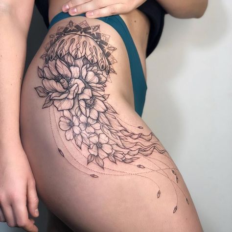 160+ Beautiful Ocean Tattoos Ideas With Meanings (2023) - TattoosBoyGirl Backpiece Tattoo, Hip Thigh Tattoos, Thigh Tattoo Designs, Jellyfish Tattoo, Marquesan Tattoos, Ocean Tattoos, Leg Tattoos Women, Thigh Tattoos Women, Tattoos For Daughters