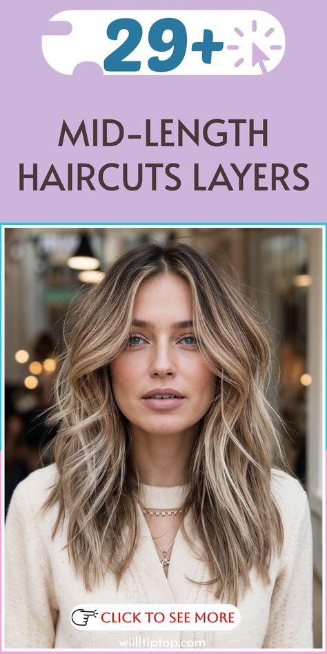 Enhance your hair game with our fabulous mid-length haircuts that incorporate layers for added dimension and style. Layers work wonders by bringing texture, volume, and movement to your locks, resulting in a chic and dynamic appearance. Our skilled stylists can tailor the layers to suit your preference - from subtle layers for a delicate touch to dramatic ones for extra depth. Embrace the versatility of layered cuts and breathe new life into your mid-length hair with a touch of modern elegance. Medium Length Haircut With Round Layers, Mid Arm Length Hair, Medium Length Haircut Beach Waves, Hair Medium Long Length, Women’s Haircut Medium Length, Medium Length Layers With Face Frame, Long Length Haircut Side Part, Medium Length Hair With Extensions, Modern Mid Length Haircut