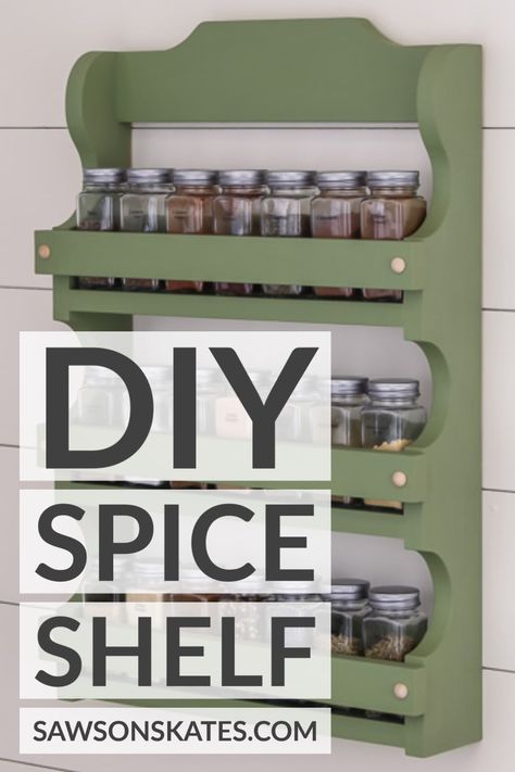 Learn how to make a wall-mounted DIY spice shelf with these step-by-step plans. This attractive DIY spice shelf with antique-inspired curved details is the perfect way to display spices on the wall in your kitchen. The three spacious shelves are great for organizing and keeping your most-used spices at your fingertips. Download the easy-to-follow plan now! Diy Spice Shelf, Spice Rack Plans, Wall Spice Rack, Diy Spice Rack, Wall Mounted Spice Rack, Wood Spice Rack, Wooden Spice Rack, Spice Shelf, Diy Spices