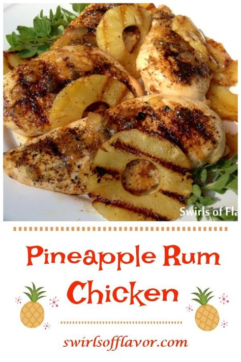 Grilled Pineapple Rum Glazed Chicken Breasts is an easy recipe for grilling season that will transport you to a tropical paradise. Chicken breasts and fresh pineapple slices are seasoned then topped with a pineapple preserves and rum glaze and grilled to perfection. Our grilled pineapple chicken recipe is guaranteed to be a summertime favorite! #grilling #grilledpineapplechicken #chickenbreasts #pineapple #pineappleglazedchicken #rum #easyrecipe #summer #swirlsofflavor Pineapple Preserves, Pineapple Chicken Recipe, Pollo Tropical, Glazed Chicken Breast, Grilled Pineapple Chicken, Pineapple Chicken Recipes, Pineapple Rum, Pineapple Chicken, Chicken Breast Seasoning