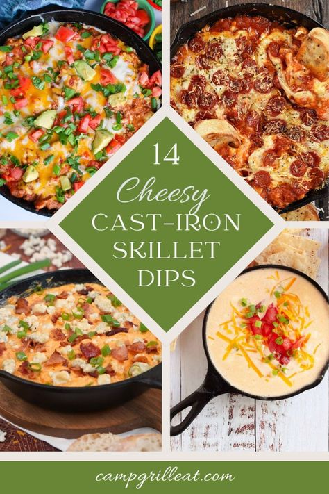 These irresistibly cheesy cast-iron skillet dips will make you the most popular person at the party. Whether you bring a classic cheese dip, Buffalo chicken, taco, or pizza dip, you can't go wrong with any of these 14 cast iron skillet appetizer dips. Cheese Pizza Dip, Buffalo Chicken Taco, Baked Artichoke Dip, Skillet Dip, Camp Grill, Hot Artichoke Dip, Yummy Appetizers Parties, Baked Artichoke, Hot Crab Dip