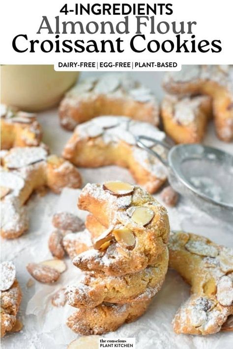 a stack of almond shaped croissant cookies with toasted sliced almonds on top and a dust of powdered sugar Healthy Almond Desserts, Almond Flour Croissant Recipe, Ground Almonds Recipes, Flourless Almond Cookies, Vegan Almond Croissant, Almond Flour Crescent Cookies, Almond Croissant Cookies, Cork House, Basque Food