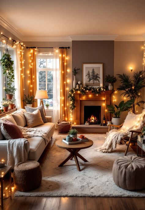 Cozy Lighting Living Room Living Room Twinkle Lights, Living Room String Lights Ideas, String Lights In Living Room, Living Room Fairy Lights Ideas, Twinkle Lights Living Room, Ambiance Lighting Living Room, Fairy Lights Living Room, Warm Lighting Living Room, Decorating With Fairy Lights