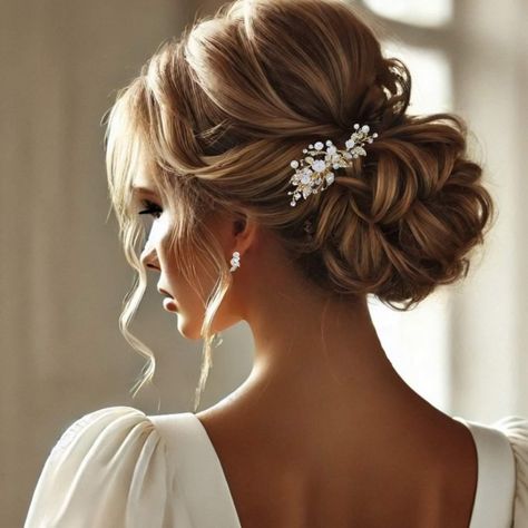 Elevate your bridal look with our Stunning Romantic Wedding Hair Clip, a breathtaking accessory adorned with delicate flowers, shimmering pearls, and dazzling crystals. Meticulously crafted to perfection, this hairpiece measures approximately 3.5 by 1.5 inches and is available in three timeless colors: gold, silver, and rose gold. To complete your ensemble, choose matching earrings sized at 3/4'' by 3/8''. Designed for brides and bridesmaids, this versatile hair clip exudes an air of sophisticat Wedding Hair All Up, Wedding Updo With Accessories, Wedding Updo Classy Elegant, Medium Length Bridal Hair Updo, Boho Bride Wedding Hair, Soft Bridal Hairstyles, Bridal Hair Chignon, Bridesmaid Hair Styles Updo, Cinderella Wedding Hair