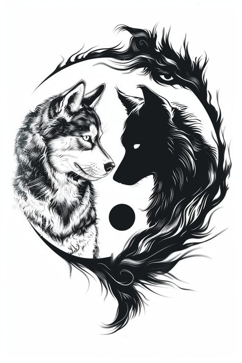 Black Wolf Tattoo For Women, Yin And Yang Wolf Tattoo, Stylish Tattoos For Men, Wolf Yin Yang Tattoo, Wolf And Nature Tattoo, Dragon Yin And Yang, Wolf Spirit Animal Tattoo, Witchy Wolf Tattoo, Mystical Wolf Tattoo