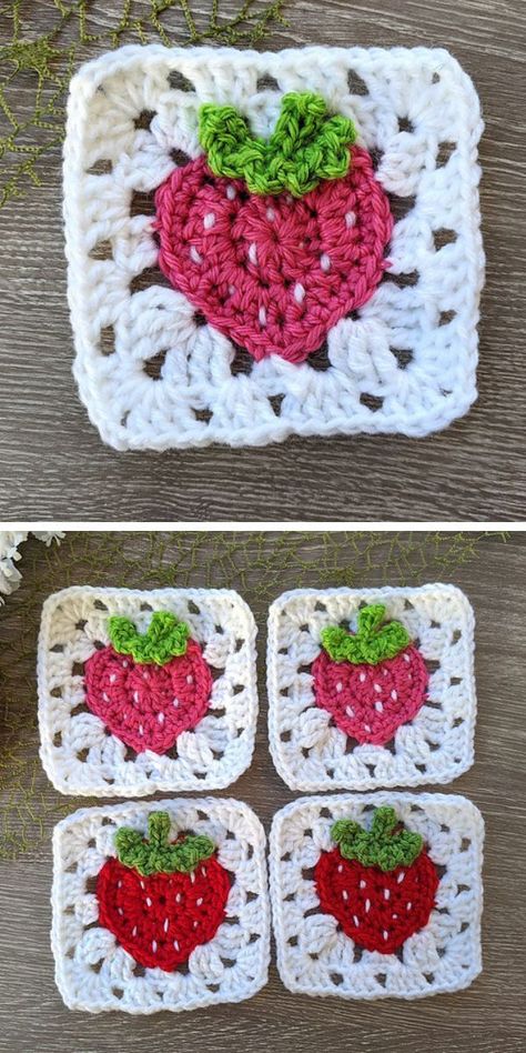 This crochet granny square is easy to make and yet very cute. The strawberry motif in the center contrasts with the color of the border, making it look and feel very light and soft. This design is full of summer and crocheted blankets and clothing will definitely cheer you up when fall comes. The step-by-step crochet pattern will take no time to complete. Get creative! #freecrochetpattern #crochetsquare #crochetbuildingblocks #fruitcrochet Crochet Strawberry Square Pattern, Gummy Bear Granny Square Crochet Pattern, Different Crochet Granny Squares, Cake Granny Square, Strawberry Granny Square Blanket, Crochet Granny Square Unique, Strawberry Crochet Projects, Strawberry Blanket Crochet, Blanket Squares Crochet