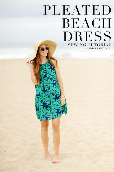 Merrick's Art // Style + Sewing for the Everyday Girl: DIY FRIDAY: PLEATED PALM LEAF PRINT BEACH DRESS (SEWING TUTORIAL) Fashion Sewing Projects, Sewing Dresses For Women, Summer Dresses Diy, Summer Dress Sewing Patterns, Printed Beach Dresses, Dress Sewing Tutorials, Dresses By Pattern, Dress Couture, Summer Dress Patterns