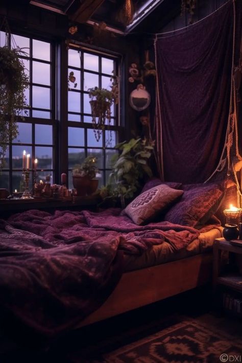 Witchy Bedroom Ideas, Romantic Bedroom Design, Witchy Bedroom, Bedroom Ideas Romantic, Witchy Room, Purple Bedrooms, Bedroom Ambiance, Purple Bedroom, Dark Bedroom