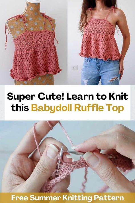 Knit Babydoll Top, Crochet Babydoll Top Pattern Free, Babydoll Top Pattern, Crochet Babydoll Top, Best Knitting Patterns, Top Knitting Pattern, Summer Knitting Patterns, Romantic Aesthetic, Wool Knitting