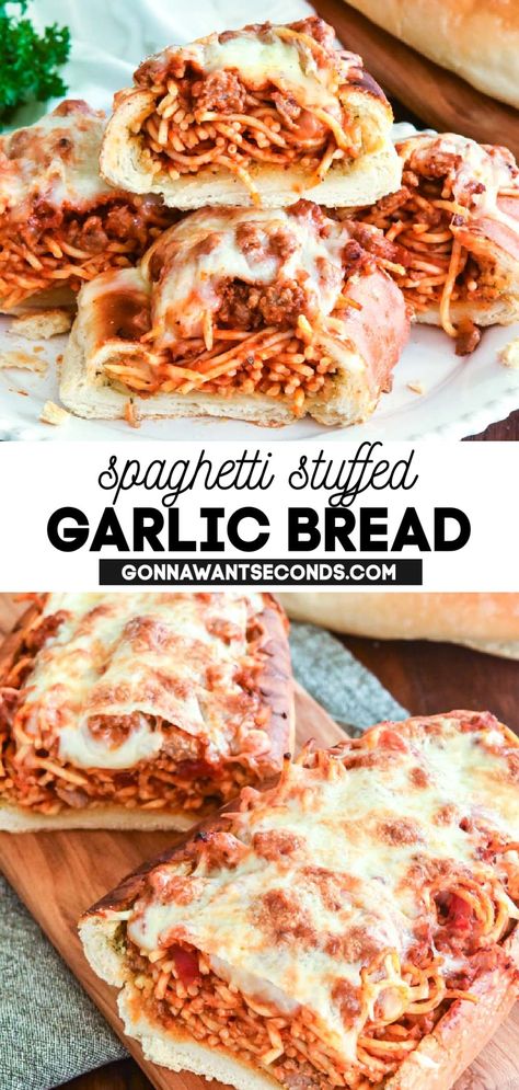 Spaghetti Bread Recipe, Spaghetti In Garlic Bread, Garlic Bread Spaghetti Bake, Garlic Bread Stuffed Spaghetti, Spaghetti Sandwich Garlic Bread, Recipes With Garlic Bread, Garlic Bread Dinner Ideas, Lasagna Stuffed Garlic Bread, Spaghetti Dinner Ideas Sides