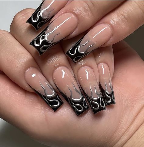 Coffin Goth Nails Designs, Edgy Nails Acrylic Grunge, Acrylic Nail Gothic Designs, Edgy Nail Ideas, Alt Nails Acrylics, Alt Nails Designs, Mafia Nails, Acrylic Nails Gothic Art Designs, Gothic Coffin Nails