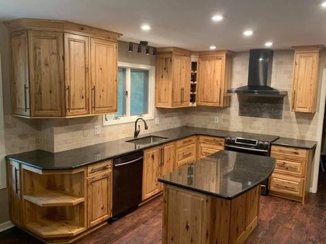 Closet In Dining Room Ideas, Hickory Kitchen Cabinets Farmhouse Counter Tops, Hickory Kitchen Cabinets Black Counter, Modern Oak Kitchen, Accessible House, Hickory Kitchen Cabinets, Hickory Kitchen, Hickory Cabinets, Rustic Country Kitchens