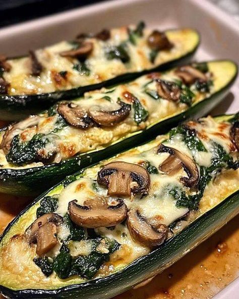 Bariatric New Recipes | Spinach, Mushroom, and Ricotta Stuffed Zucchini Boats 🧀🍃 | Facebook Zucchini Stuffed, Mexican Zucchini, Zucchini Boat Recipes, Stuffed Zucchini Boats, Stuffed Zucchini, Zucchini Boats, Garlic Butter Chicken, Beef And Rice, Creamy Spinach