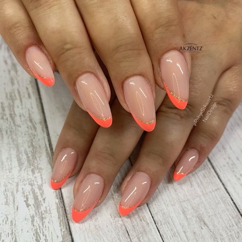 Coral Nail French Tips, Coral French Tips Nails, Cute Neon Nails Summer Almond, Orange Oval Acrylic Nails, Salmon French Tip Nails, Coral Nails Almond Shape, Coral French Tip Nails Almond, Neon Orange Acrylic Nails Almond, Neon Coral French Tip Nails