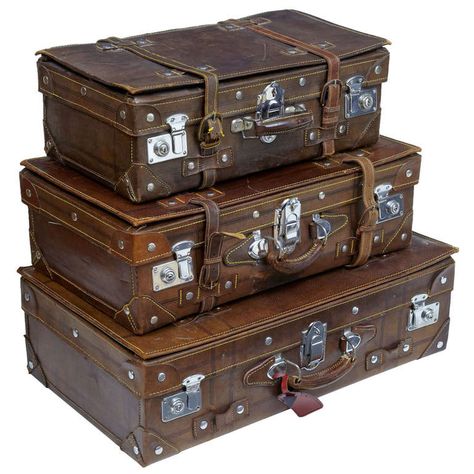 Set Of 3 1920's Vintage Leather Suitcases | From a unique collection of antique and modern trunks and luggage at http://www.1stdibs.com/furniture/more-furniture-collectibles/trunks-luggage/ Old Fashioned Suitcase, Trunks Luggage, Vintage Brown Leather Luggage, Luxury Vintage Brown Luggage, Leather Suitcase Vintage, Steampunk Bag, Antique Steamer Trunk Hardware, Antique Bucket, Leather Trunk