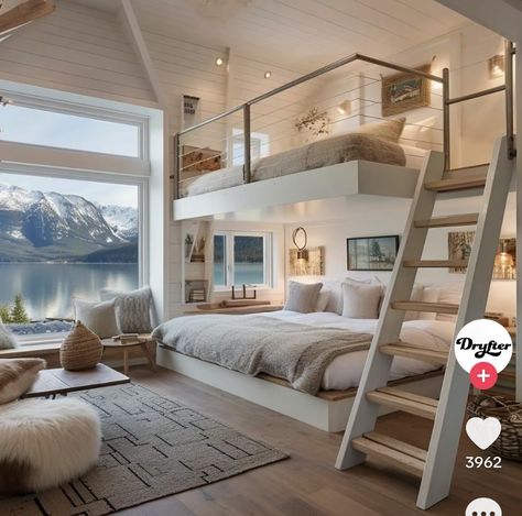 Lake House Loft Ideas, Bunk Rooms Lake House, Lake House Bunk Rooms, House Loft Ideas, Lake House Bathrooms, Family Compound, Lake House Interior, Green Cottage, Coastal Bedroom Decorating