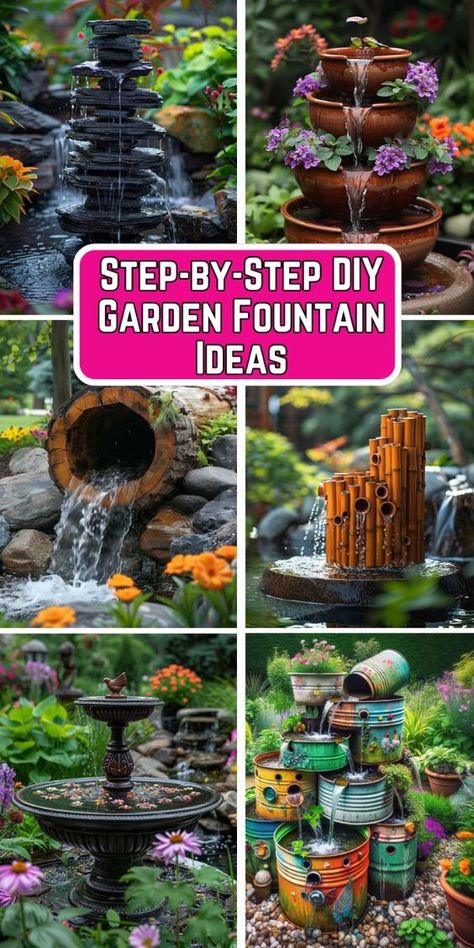 Discover a variety of step-by-step DIY garden fountain ideas to transform your outdoor space. From simple terra cotta pot designs to creative recycled container fountains, our guide provides detailed instructions to help you create serene water features. Enhance your garden with these easy and eco-friendly projects, perfect for adding tranquility and beauty to your backyard oasis. Fairy Garden Water Feature, Fountain Diy Outdoor, Homemade Water Fountains Diy, Diy Water Features In The Garden, Diy Outdoor Fountain Easy, Water Fountains For The Garden, Diy Fountains Backyard, Water Fountains Outdoor Diy, Diy Outdoor Fountain