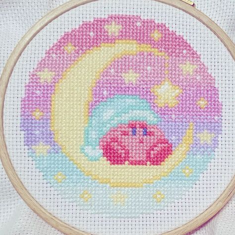 Finished Pastel Kirby Cross Stitch, on 14ct. Aida. 🌸 #crossstitch #crossstitchpattern #craft #pastel #kirby #moon #photo #photooftheday #pretty #love Cross Stitch Games, Pretty Cross Stitch, Kawaii Cross Stitch, Needlework Crafts, Diamond Cross, Pixel Art Pattern, Alpha Patterns, Hama Beads, Kirby