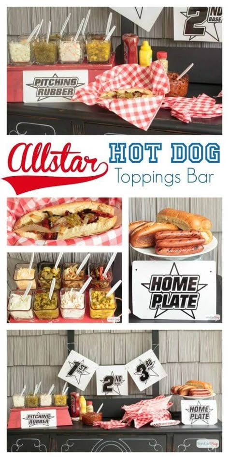 Ball Park Themed Party, Baseball Party Food Ideas Concession Stands, Ball Park Hot Dogs, Rookie Of The Year First Birthday Food Ideas, Baseball Theme Potluck, Food For Ice Cream Birthday Party, Ballpark Party Food, Baseball 30th Birthday Party, Make Ahead Hot Dogs