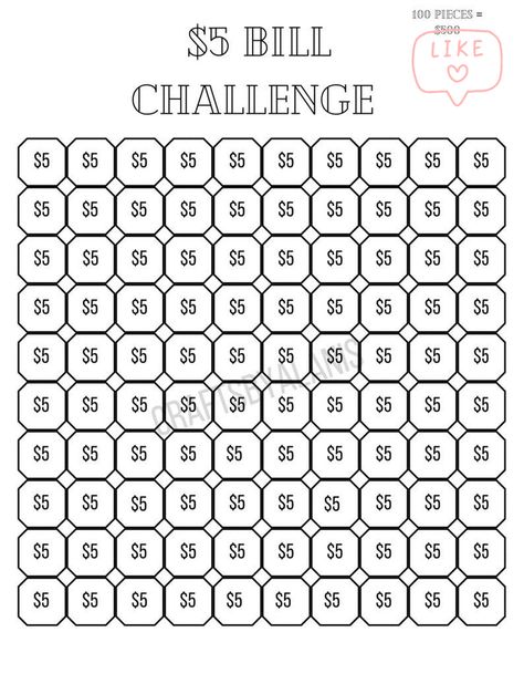 $5 Bill Challenge, Dollar Saving Challenge, 5 Dollar Bill, Dollars Money, Printable Savings Challenge, 500 Dollars, Saving Money Chart, Savings Chart, Money Chart