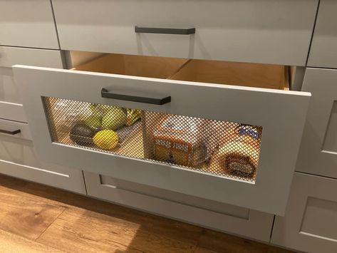 Fruit Drawer Kitchen, Produce Drawers Pantry, Built In Produce Storage, Built In Vegetable Racks In Kitchen, Pantry Vegetable Storage Drawers, Veggie Drawer, Onion Drawer Kitchen, Onion Drawer, Awesome Kitchen Ideas