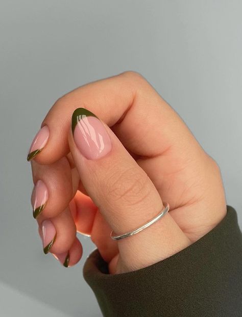 Classy Nails With Green, Olive Green French Tip Nails Coffin, Olive Green Design Nails, Olive Green Nails For Wedding, Olive Green Tips Nails, Olive Tip Nails, Olive Nails Almond, Olive Green Nails French Tip, Olive French Nails