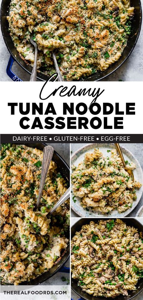 Canned cream of something soup gets replaced with a rich and velvety-smooth dairy-free cream sauce in this budget-friendly and oh, so comforting Creamy Tuna Noodle Casserole. It’s a healthier throwback to the tuna casserole recipes you grew up with and great for anytime you need a hearty, filling meal the whole family will enjoy. || The Real Food Dietitians || Dairy Free Tuna Casserole, Creamy Tuna Noodle Casserole, Healthy Dinner Casseroles, Casserole Gluten Free, Tuna Casserole Recipes, Real Food Dietitians, Tuna Noodle Casserole, Tuna Noodle, Protein Packed Meals