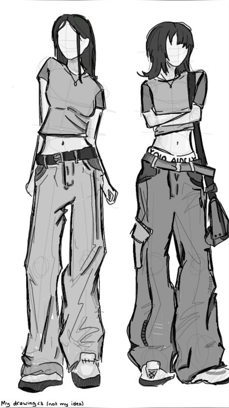 Digital Art Outfit Ideas, Cargo Pants Sketch Drawing, Drawing Outfit References, Grunge Outfits Drawing Reference, Character Based Outfits, Slouchy Pose Reference, Jacket Reference Drawing Female, Sketch Of Clothes, Puffy Jacket Drawing Reference