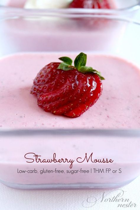 This Strawberry Mousse is a delicious Fuel Pull. It uses real strawberries, so the mousse is not as flawlessly smooth as the pink powder in the box, but it's healthy, delicious, sweet, pink, light, and full of protein. Thm Fuel Pull, Trim Healthy Mama Recipe, Trim Healthy Mama (thm) Recipes, Trim Healthy Mama Diet, Thm Fp, Fuel Pull, Trim Healthy Mama Dessert, Trim Healthy Recipes, Trim Healthy Mama Plan