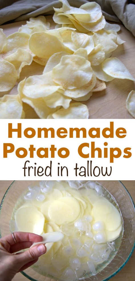 Healthy homemade potato chips fried in beef tallow Potato Chips Healthy, Homemade Potato Chips Recipe, Potato Chips Homemade, Best Potato Chips, Chips Homemade, Homemade Potato Chips, Potato Chip Flavors, Chip Recipes, Fried Potato Chips