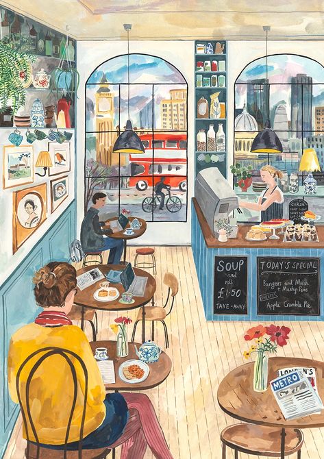 Illustrations - Miranda Sofroniou 심플한 그림, London Cafe, Art Mignon, Animal Illustrations, Art Et Illustration, Dessin Adorable, Art And Illustration, Art Journals, Whimsical Art