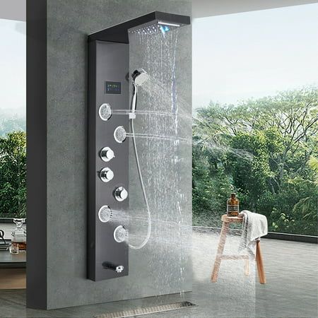 MULTI-FUNCTION SHOWER PANEL This shower panel include 5 functions: rainfall, waterfall, massage jets, tub spout, hand shower. You can enjoy different functions on showering and get relaxed after long working. EASY TO INSTALL Wall mount design, include all assemble accessories, quick & easy to install. Give you more comfortable showering experience. Size: as the picture.  Color: Orb. Shower Tower Panel, Shower Tower, Bathroom Shower Panels, Shower Column, Bathroom Shower Faucets, Adjustable Shower Head, Waterfall Shower, Shower Columns, Shower Panel