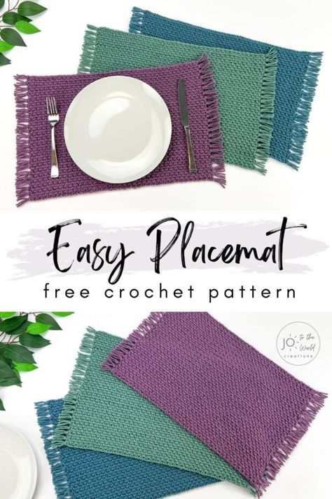 Easy Free Crochet Placemat Pattern | Jo to the World Creations Kitchen Potholders, Boho Placemats, Easy Crochet Bookmarks, Marque-pages Au Crochet, Crochet Placemat, Bookmark Crochet, Crochet Placemat Patterns, Crochet Table Mat, Modern Placemats