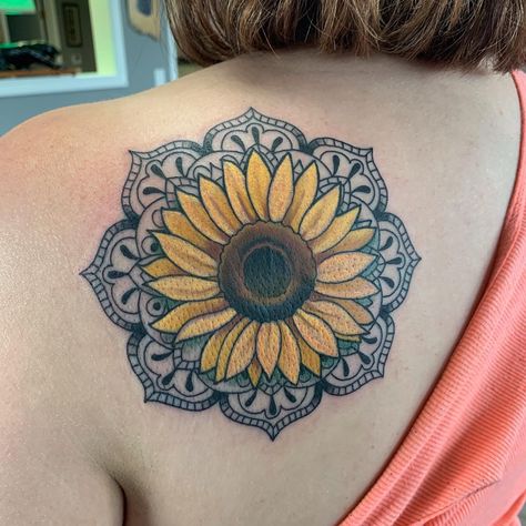 #greenpanthertattoo #sunflowertattoo #mandala #mandalatattoo #derbykansas #tattoosforwomen #tattoos #tattoodesigns #sunflower #AndreaHenrie Sunflower Mandala Tattoo Shoulder, Tattoo With Sunflower, Sunflower Mandala Tattoo, Mandala Tattoo Shoulder, Mandala Elephant Tattoo, Tattoos Flowers, Tattoo Sunflower, Sunflower Tattoo Shoulder, Fashion Tattoos